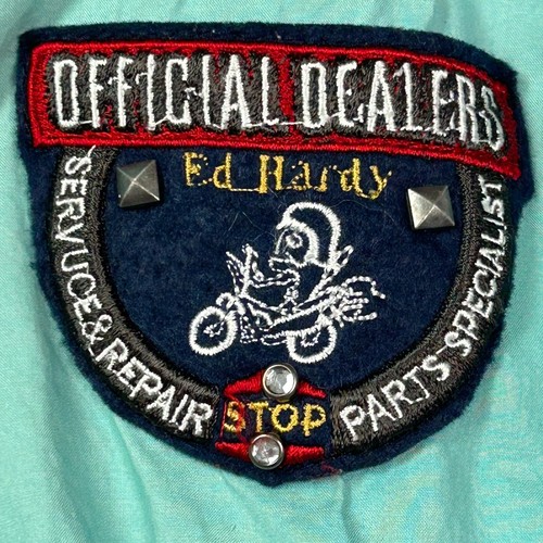 Ed Hardy Womens Button Up Shirt Size S Snaps Short Slv Patches Studs Grunge Art - Picture 7 of 16