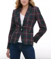 Tommy Hilfiger Women Green Plaid Single-Button Blazer Sz 8 NWT Christmas