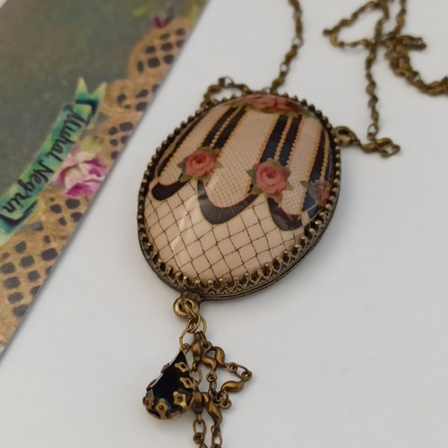 Michal Negrin Necklace Large Romantic Roses Cabochon Victorian Long Teasel Gift - Picture 12 of 19