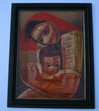 Mid Century Modern Portrait Painting Modernist Listed De La Vega Madonna Icon