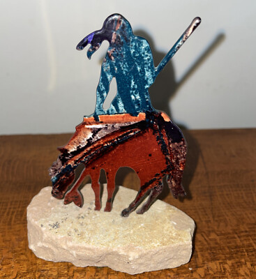End of Trail Metal Lazart Native and Horse Figure Mounted on Stone Base 4'' Tall