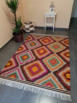 Designer Teppich Orientalisch Schurwolle Wohnzimmer Handgewebt Kelim bunt Rauten