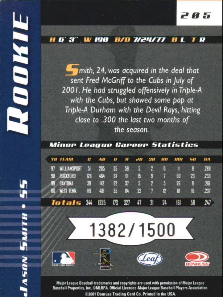 2001 Leaf Limited #205 Jason Smith RC /1500 - NM-MT - Image 2 of 2