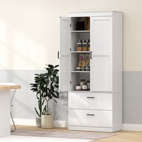 Homcom KüChenschrank, Hochschrank Mit Verstellbaren Regalen, 2 Schubladen, Creme
