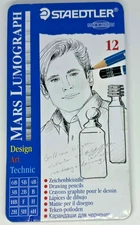 Vintage Staedtler Mars Lumograph Art Drawing Pencils Metal Case x12 - Germany