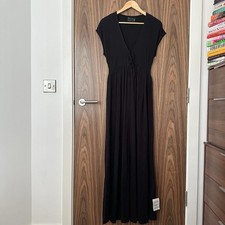 ASOS Design Black Crinkle Short Sleeve Tie V Neck Front Maxi Tea Dress UK 8 NEW