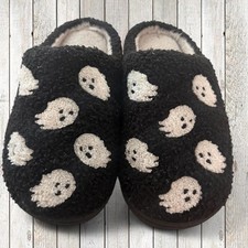 Halloween Ghost Sherpa Slippers Black White