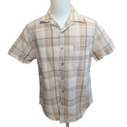 Chemise Perry Ellis Lin Coton Marron Crème Carreaux Manches Courtes Taille M