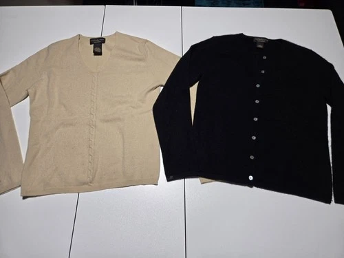 Lot 2x Croft & Barrow 100% Cashmere Cardigan Sweater Small Women's Black Beige
