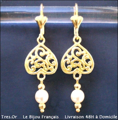 PERLE NACRÉE DENTELLE OR Boucles d'Oreille Bijou Français Neuf Livré 48H DOMiCiL - Photo 1/4