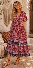 Knox Rose Red Floral Boho Rayon Empire Waist Midi Sundress Dress S 4 6