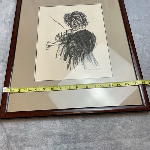 Violinist Musician Pencil Drawing Artist Signed Mark Eanes 1973 Wood Frame 17x21 - Picture 5 of 10