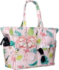 Moerstar beach tote bag Large Waterproof Zip Foldable Tropical Flamingo Print