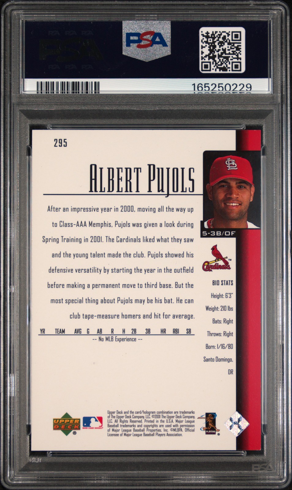 2001 UD #295 ALBERT PUJOLS ROOKIE RC PSA 9 view 2