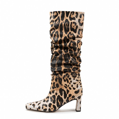Womens Pointed Toe Slouch Knee High Boots Block Heel Leopard Print Knight Riding