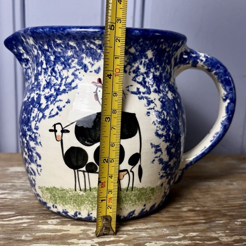 Vintage Molly Dallas Blue Spatterware Pottery Pitcher Cow & Chicken Folk Art 5″ - Picture 12 of 16