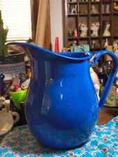 Vintage Enamel Blue White Specks Pitcher 9"x 4.75" 1970s-80s Mexico
