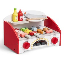 26 PCS Kids BBQ Grill Playset Wooden Cooking Grill Toy Set Pretend Sound