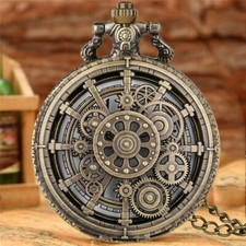 Old Fashion Pocket Watch Gear Case Quartz Movement Necklace Chain Timepiece Gift