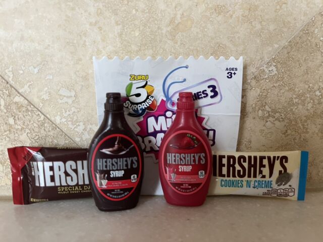 Zuru Mini Brands HERSHEY&#039;S 4 Pc Lot SYRUP STRAWBERRY & Chocolate + 2 Candy Bars!
