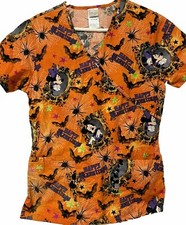 Disney Women Scrub Top X Small Orange Mickey Happy Halloween Short Sleeve Minnie