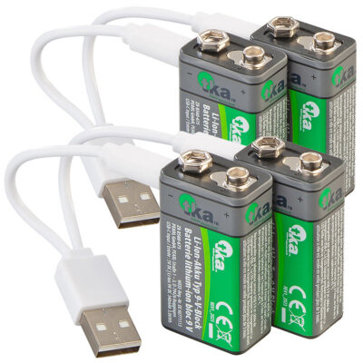 tka Batterien: 4er-Set Li-Ion-Akkus Typ 9-V-Block mit USB-C, 340 mAh, 3.060 mWh