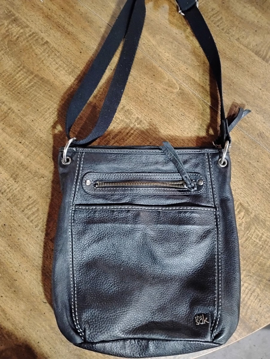 The Sak Black Genuine Pebble Leather Adjustable Crossbody Bag Multi Pocket  Purse