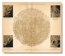 THE MOON  map Antique Print 1890 s  Original Lithography Wall Art