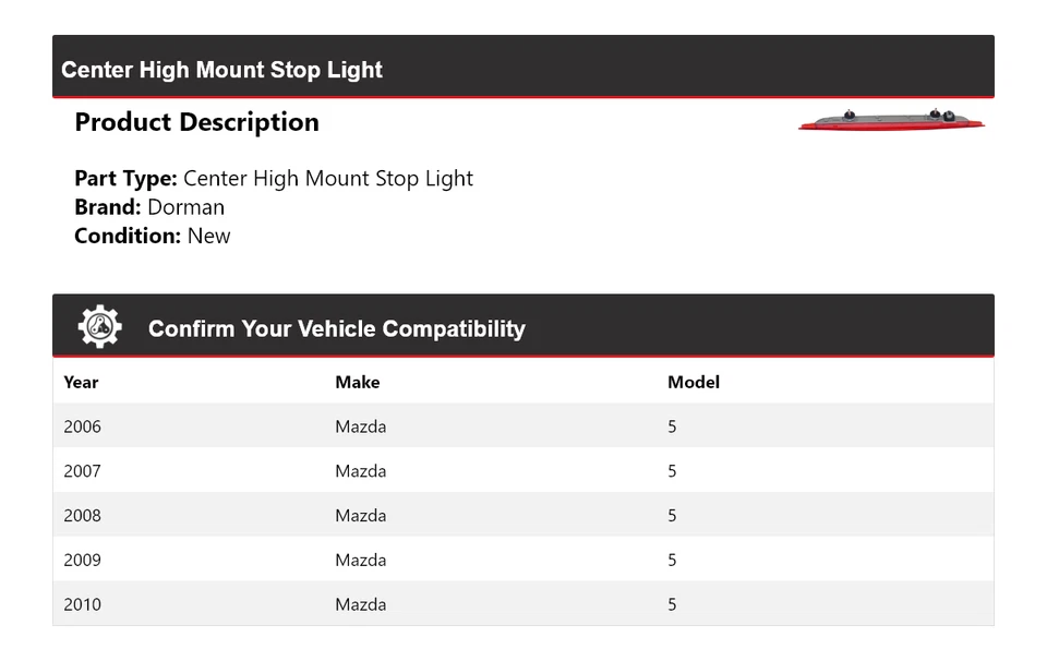Luz de freno central de montaje alto para Mazda 5 Dorman 2006-2010 2007 2008 2009 Foto 2 de 4