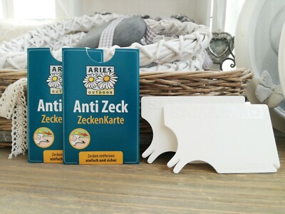 ARIES 2er Set Anti ZECKENKARTE 8,5x5,5cm Kunststoff weiß Zecken Zange Pinzette