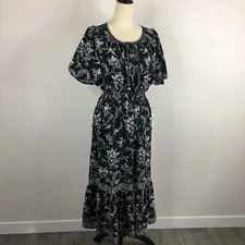 NWT MAX STUDIO Womens sz Medium Petite Black White Floral Bird Print Maxi Dress