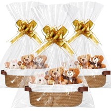 3 Pack Small Woven Basket for Gifts with Handles Clear Bags and Ribbons Empty...