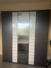 3 Door,  Mirrored Wardrobe with 2 Drawers, dark grey/ White, Bedroom