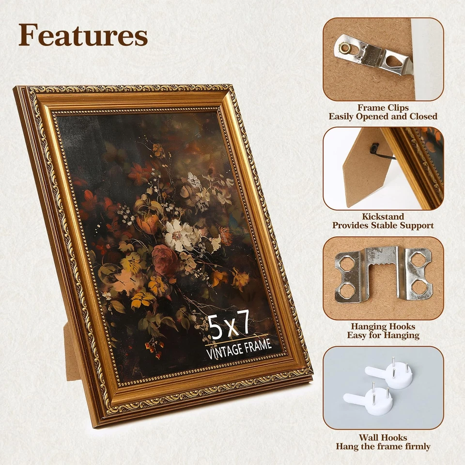 5x7 Vintage Gold Picture Frame, Ornate Antique Photo Frame 5 x 7 with HD Glas... - Image 3 of 4