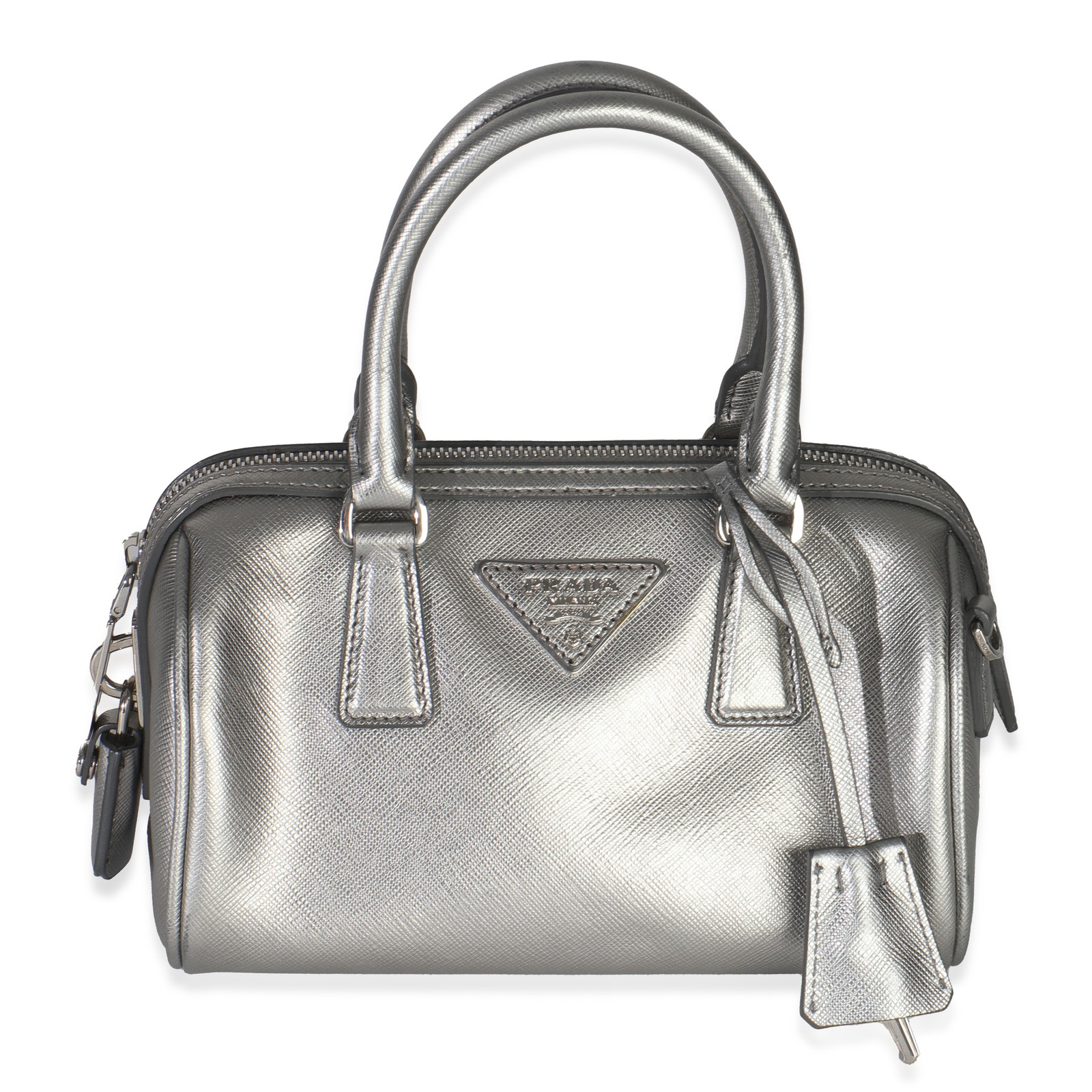 Prada Silver Saffiano Lux Small Bauletto Bag
