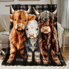 Cozy Highland Cow Flannel Blanket - Scottish Cow Print  Throw Fleece Blanket