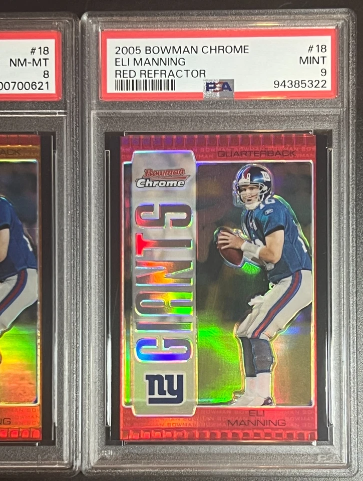 Lot (2) 2005 Bowman Chrome #18 Eli Manning Refractor Bronze /150 PSA 8 Red PSA 9 - Image 3 of 4