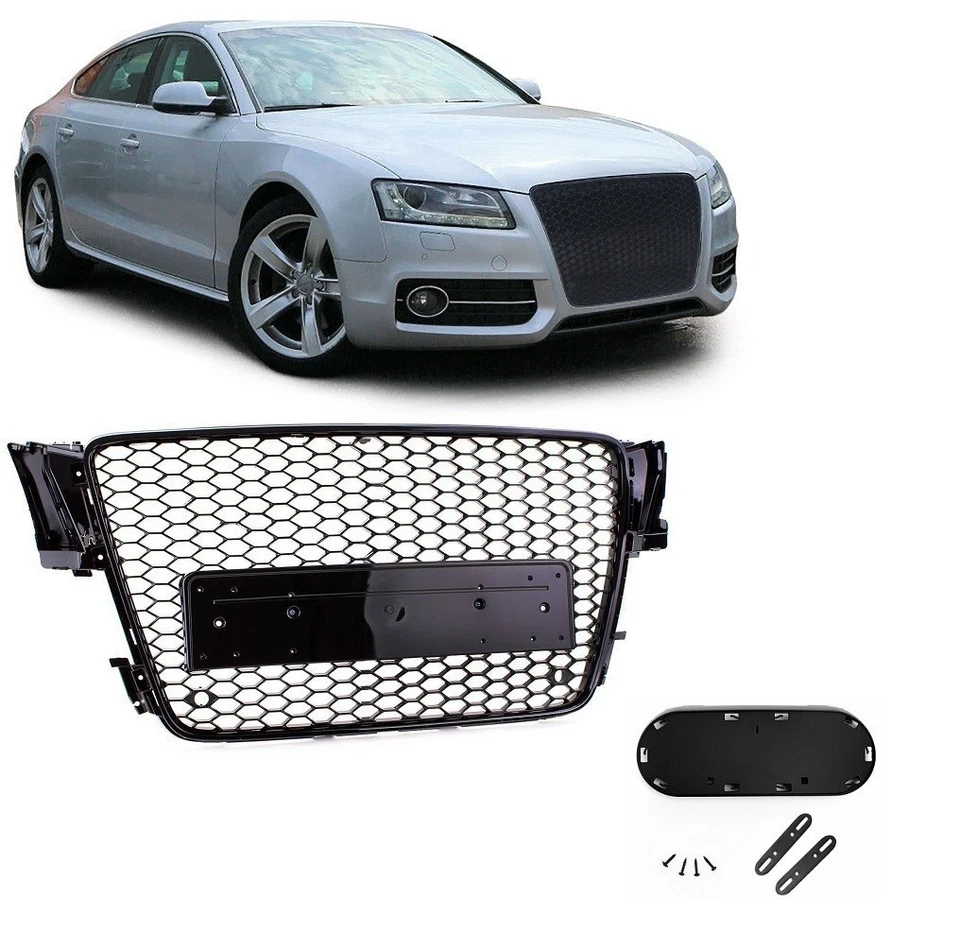 CALANDRE LOOK RS5 NOIR BRILLANT POUR AUDI A5 DE 06/2007 A 07/2011 AVEC SUPPORT - Photo 1/1