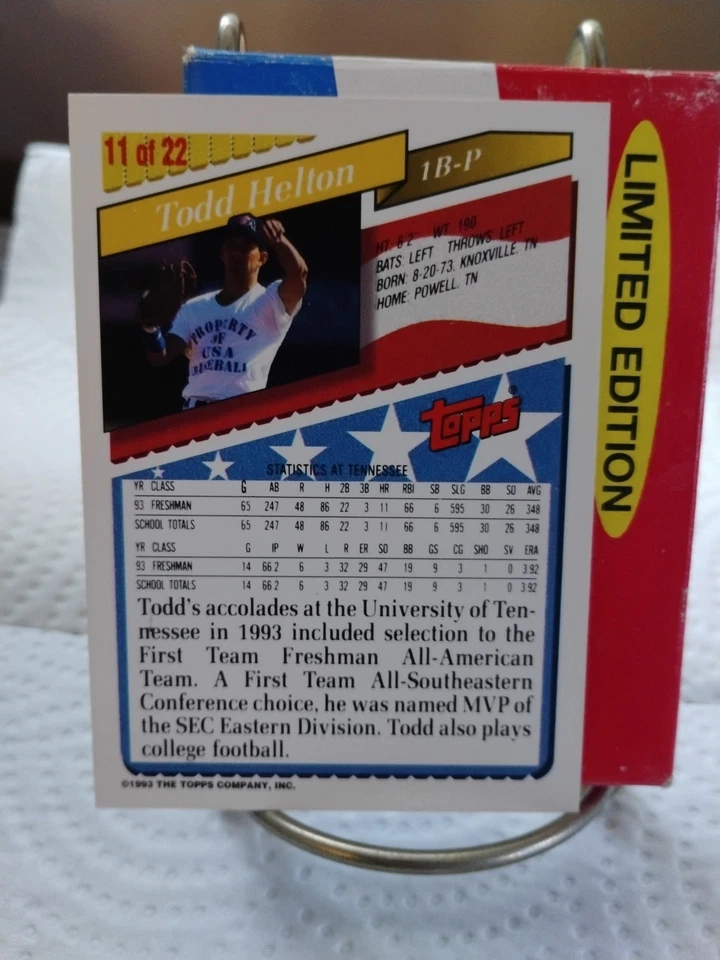 Todd Helton - Rookie RC HOF - 1993 Topps Bazooka Team USA #11 - NM/Mint Beauty - Image 4 of 4