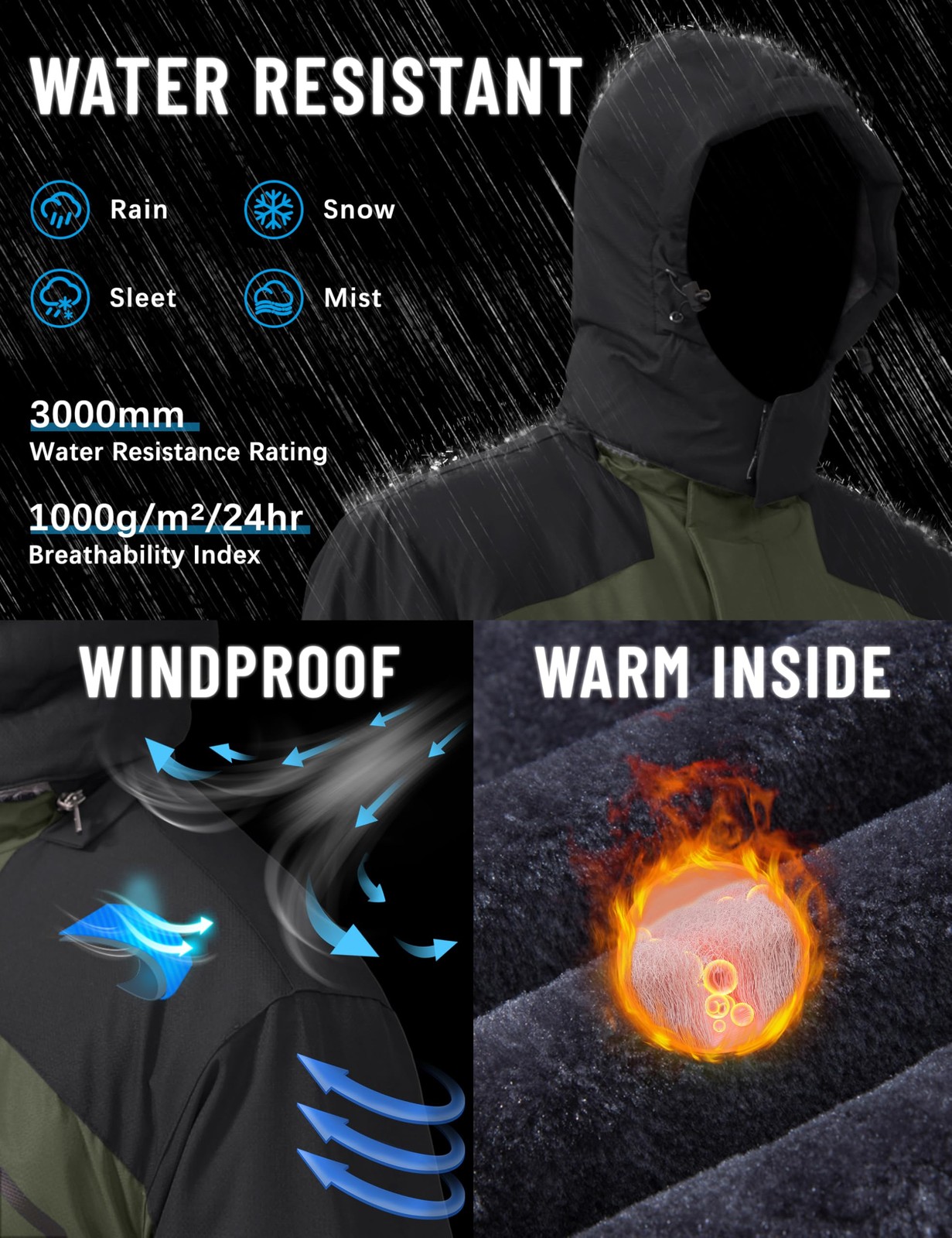 TACVASEN Winter Jacket for Men Fleece Lined Skiing Snowboarding Jacket - second product detail image