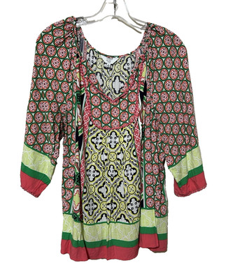 Crown & Ivy  Colorful Geo-Pattern Blouse Top V-Neck 3/4 Sleeves Womens Size 0X