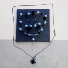 925 Sterling Silver Black Onyx Crystal & Freshwater Pearl Necklace Bracelet Earr