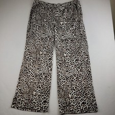 Womens Leopard Print Wide Leg Lounge Pants Elastic Waist Tan Black Size L 12-14