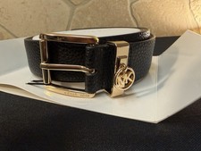 MICHAEL KORS Women s Leather Belt MK Logo Charm Black/Gold with Gift Box S/M