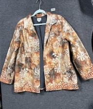 Chico's Silk Open Front Blazer Jacket Womens Size 2 US L Brown Floral Casual
