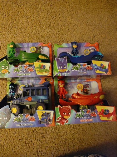New PJ Masks Lot Of 4 Vehicles Night Ninja Bus - Cat Car - Gekko Mobile - Owl Gl