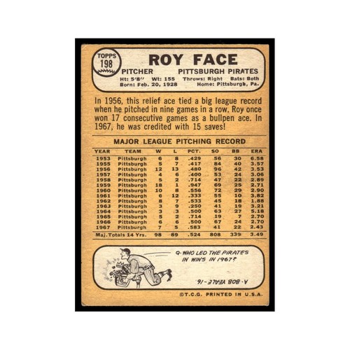 1968 Topps Baseball Card Roy Face Pirates #198 - Picture 2 of 3