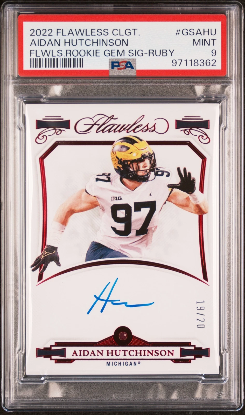 Aidan Hutchinson Panini Flawless Collegiate Flawless Rookie Gem Signatures #GSAHU Ruby