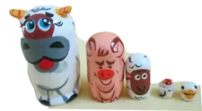 Animals Russian Nesting Doll/Handmade/Micro!5-pc Set/Cow-Pig-...FREE SHIP IN US