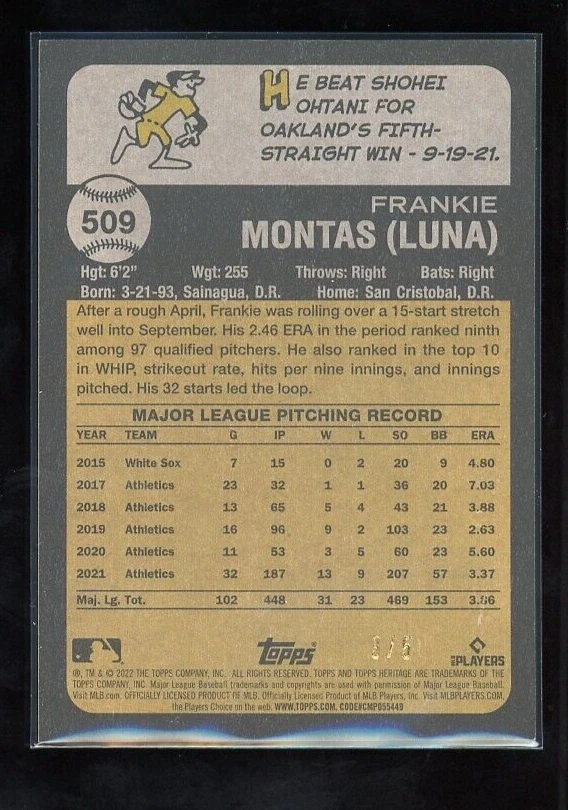 Frankie Montas 2022 Topps Heritage High Chrome Refractor /5 Gold #509 Mets - Image 2 of 2